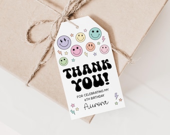 Etiqueta de agradecimento com carinha sorridente editável, modelo de etiqueta de lembrancinha com emojis em tons pastel para Canva 0212 (Download digital)