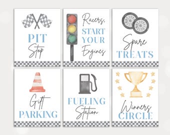 Race Car Birthday Sign Bundle in Blue, Fast 1 Racing Birthday Party Signs Set of Racing Signs, Printable Race Car Food and Favor Signs