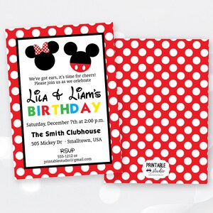May include: A birthday invitation featuring Mickey and Minnie Mouse silhouettes. The invitation has a red polka dot border and back. Text includes "Lila & Liam's Birthday" and event details. The invitation is for The Smith Clubhouse.