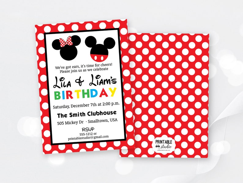 May include: A birthday invitation featuring Mickey and Minnie Mouse silhouettes. The invitation has a red polka dot border and back. Text includes "Lila & Liam's Birthday" and event details. The invitation is for The Smith Clubhouse.