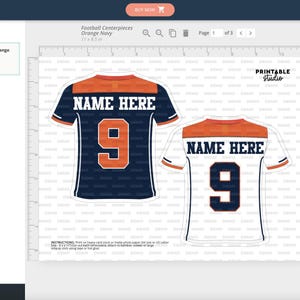 May include: Printable template for a football jersey with the text "NAME HERE" and the number "9" in orange and navy blue. The template is for a white jersey with orange and navy blue accents.