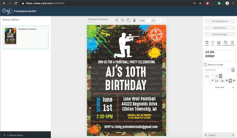 Pu&ograve; includere: Un invito a una festa di compleanno di paintball con uno sfondo mimetico. L'invito presenta una silhouette di una persona che tiene una pistola da paintball, schizzi di vernice e il testo "AJ's 10th Birthday". L'evento &egrave; previsto per il 1&deg; giugno dalle 14:30 alle 17:00 presso Lone Wolf Paintball a Clinton Township, MI.