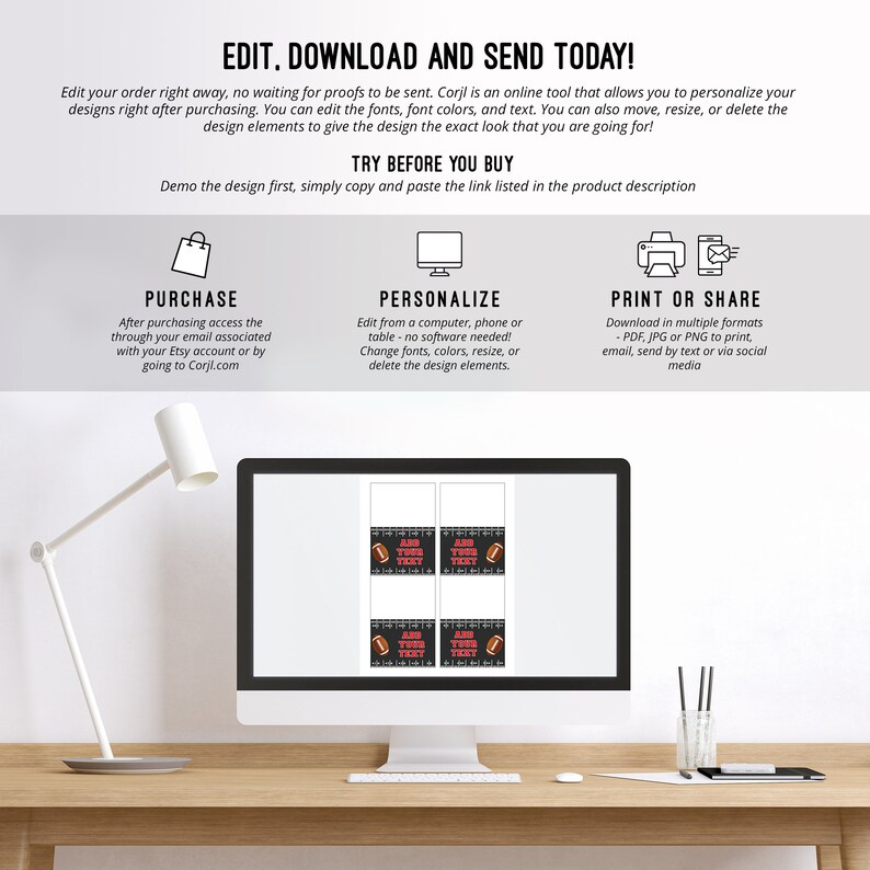 May include: Editable football-themed printable favor tags. The tags are black with white lines and a red football graphic. The text on the tags reads "Add Your Text".