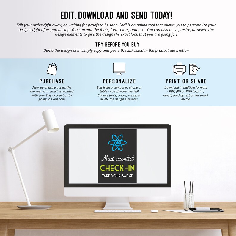 May include: A computer screen displaying a black and white graphic of an atom with the text "Mad scientist CHECK-IN TAKE YOUR BADGE" in blue, yellow, and white text. The screen is on a desk with a lamp and a wooden surface.