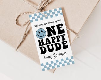 ONE Etiquetas de agradecimiento Happy Dude en azul, plantilla Canva 0200 (archivo digital)