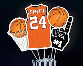 Centres de table de basket-ball en orange Centre de table de basket-ball imprimable pour fête d'anniversaire à téléchargement immédiat Pièce maîtresse de basket-ball orange noir