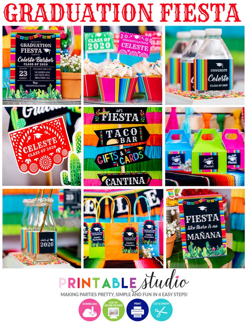 Op de afbeelding: Een kleurrijke set met printbare items voor een afstudeerfeest in fiesta-stijl. De set bevat een afstudeeruitnodiging, cupcake-toppers, etiketten voor waterflessen, cadeaulabels en borden met tekst zoals "Let's Fiesta Taco Bar" en "Fiesta like there is no Ma&ntilde;ana".