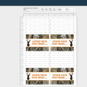 May include: Printable sheet of four labels with a camouflage pattern and a deer silhouette. The labels say "Enter your text here..." in orange text.