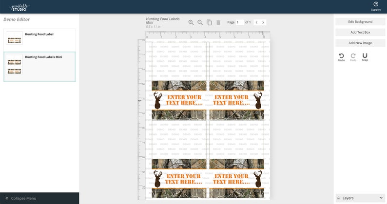 May include: Printable sheet of four labels with a camouflage pattern and a deer silhouette. The labels say "Enter your text here..." in orange text.