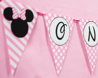 Minnie Mouse-banner eerste verjaardag in lichtroze - Minnie Mouse-banner direct downloaden - afdrukbare Minnie-banner door afdrukbare studio