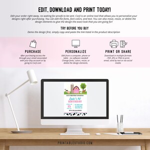 May include: A computer screen displaying a pink and blue printable birthday invitation with a farm theme. The invitation features a pink barn, a silo, cows, a pig, and a chicken. The text on the invitation reads "Leah's 1st Birthday".