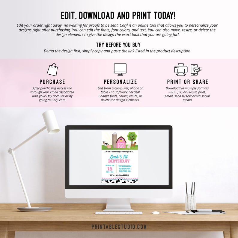 May include: A computer screen displaying a pink and blue printable birthday invitation with a farm theme. The invitation features a pink barn, a silo, cows, a pig, and a chicken. The text on the invitation reads "Leah's 1st Birthday".