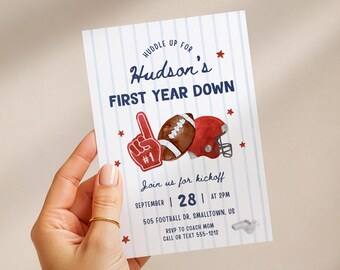 1st Year Down Invitation in Red Blue, First Year Down Birthday Invitation, Vintage Football Invitation Template 0227 (digital file)