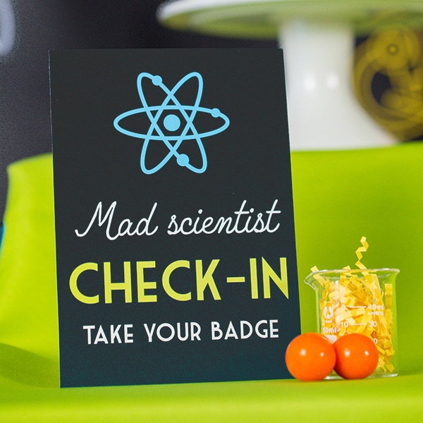 Mad Scientist Check-In Sign in Blue - Printable Science Party Sign - Science Experiment Party Sign by Printable Studio