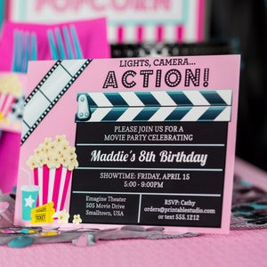 Editable Movie Party Invitation, Printable Movie Birthday Invitation,  Movie Night Invitation, Pink Movie Invitation
