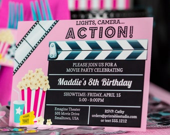 Editable Movie Party Invitation, Printable Movie Birthday Invitation,  Movie Night Invitation, Pink Movie Invitation