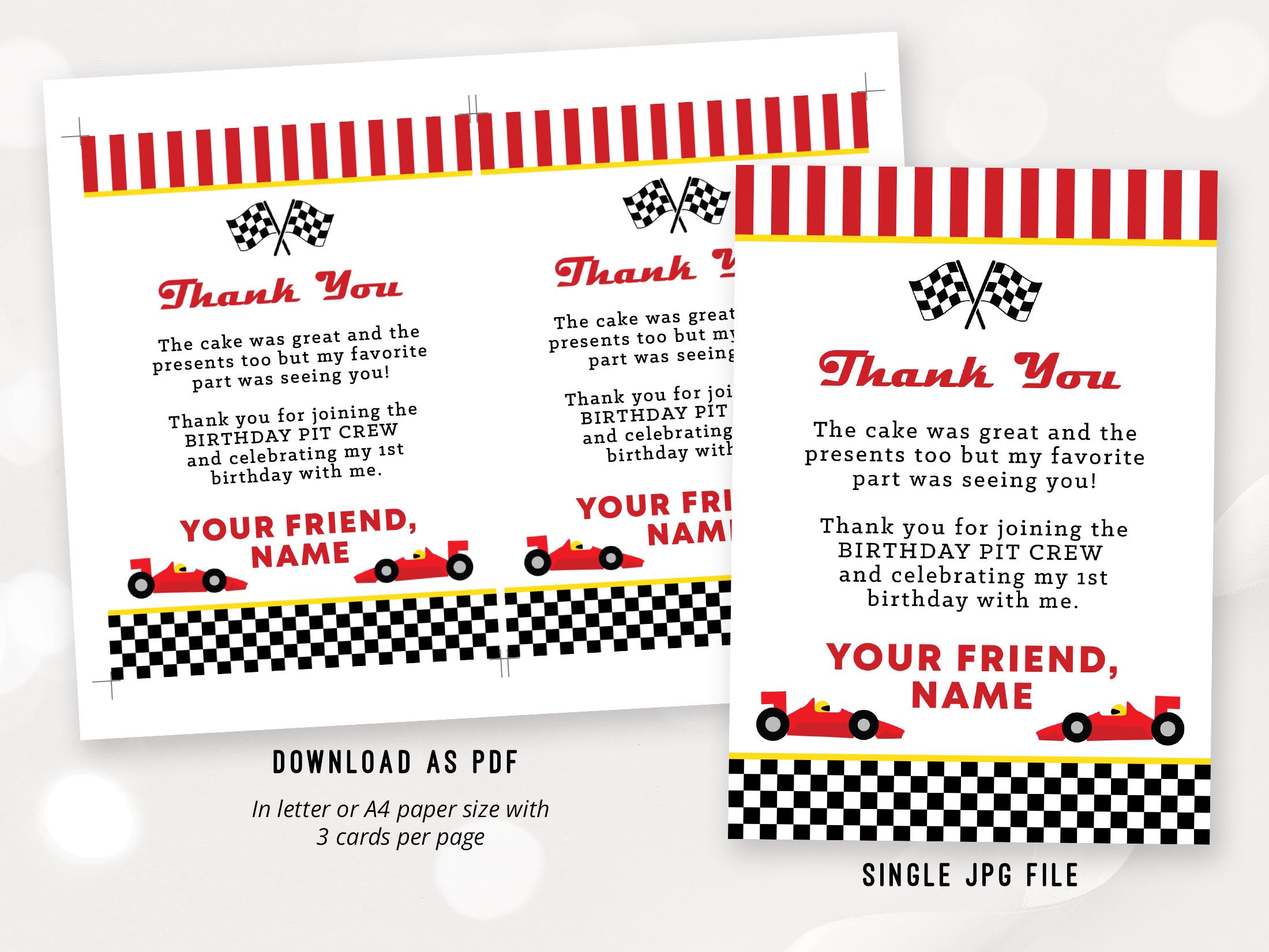Thank You Racers Racing Birthday Thank You Card, Printable Race Car Thank You Card ...
