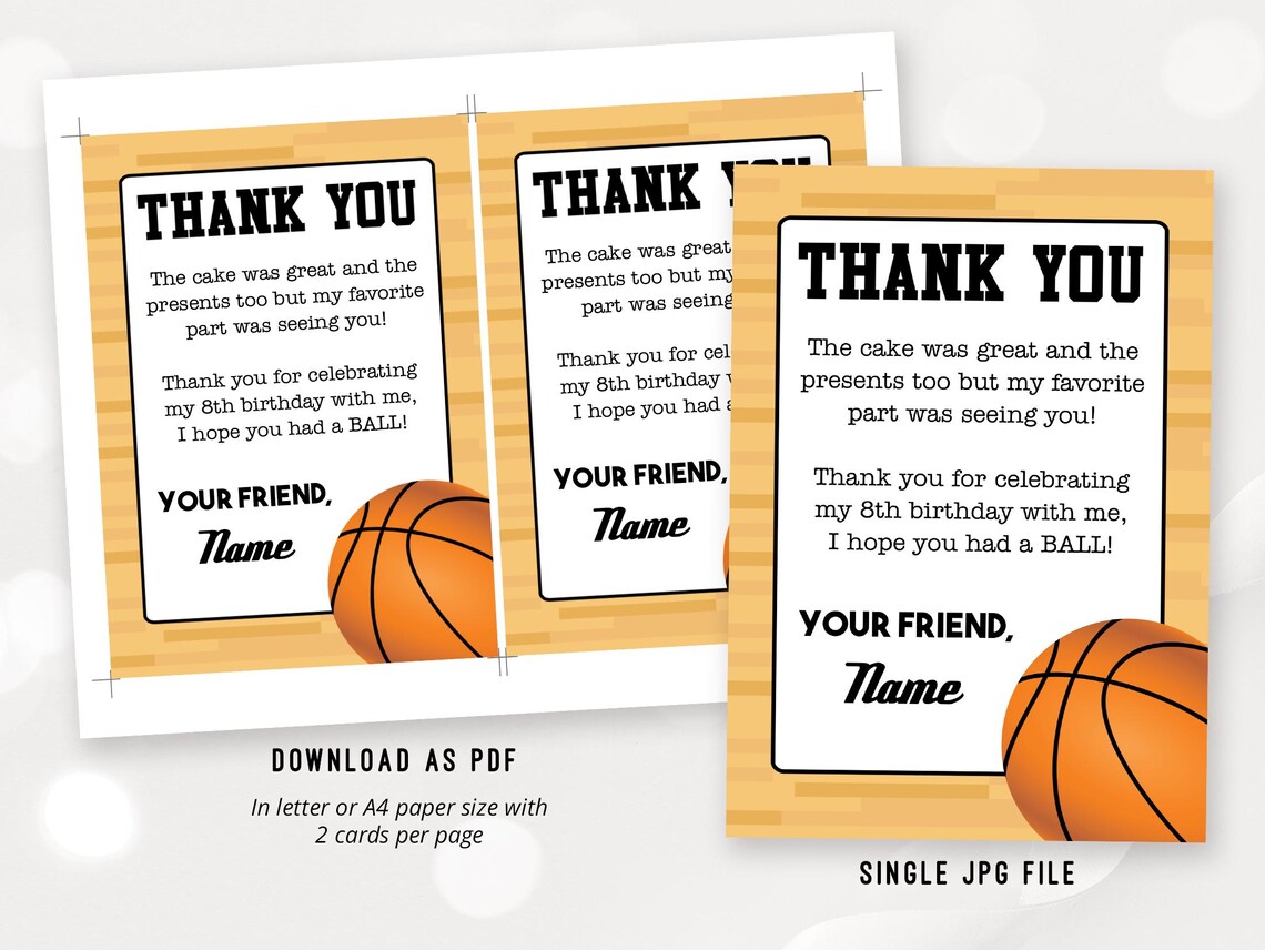 Basketball Thank You Card, Printable Basketball Party Thank You Card ...