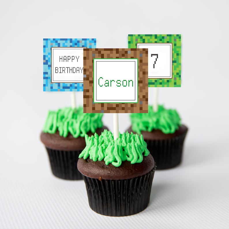 May include: Three chocolate cupcakes with green frosting decorated to look like grass. Each cupcake has a square Minecraft-themed topper. One topper says "Happy Birthday", one says "Carson", and one says "7".