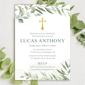Invitación de Primera Comunión para Niños, Eucalipto Verde (archivo digital)