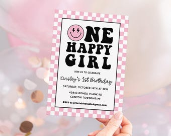 Editable ONE Happy Girl Birthday Invitation in Pink, Editable One Happy Girl Birthday Girls First Birthday Idea ONE Happy Girl Party