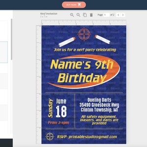 May include: A blue and orange birthday invitation for a Nerf party. The invitation features a target, Nerf darts, and the text "Name's 9th Birthday". The invitation also includes the date, time, and location of the party.