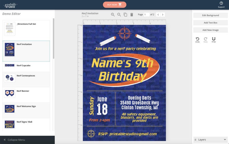 May include: A blue and orange birthday invitation for a Nerf party. The invitation features a target, Nerf darts, and the text "Name's 9th Birthday". The invitation also includes the date, time, and location of the party.