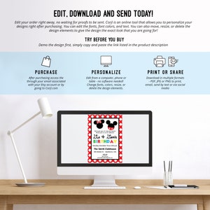 May include: A computer monitor displays a birthday invitation with a red polka dot border and Mickey Mouse ears. The invitation includes the text "Lila & Liam's BIRTHDAY" and event details. The screen also shows instructions for editing and downloading the design.