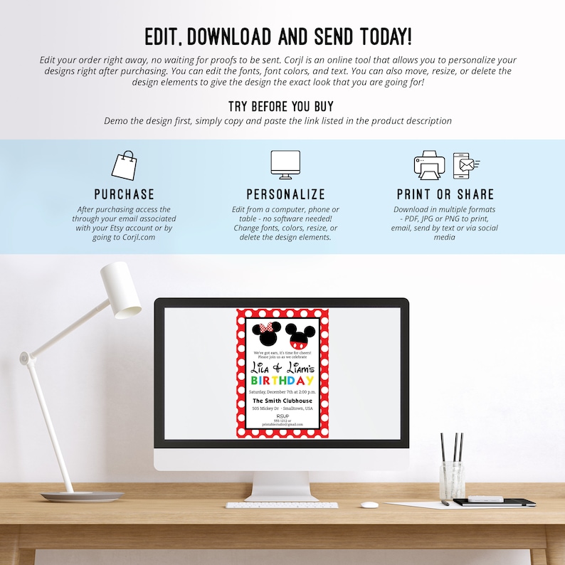 May include: A computer monitor displays a birthday invitation with a red polka dot border and Mickey Mouse ears. The invitation includes the text "Lila & Liam's BIRTHDAY" and event details. The screen also shows instructions for editing and downloading the design.