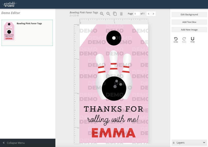 Puede incluir: Etiquetas de favor rosas con tem&aacute;tica de bolos. Las etiquetas presentan un gr&aacute;fico de bolos y bola de bolos con el texto "&iexcl;Gracias por rodar conmigo!" y un nombre, "Emma".
