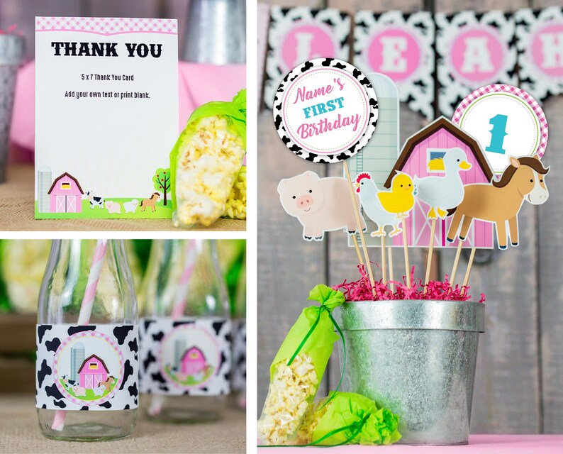 May include: Farm animal themed party decorations with a pink barn, a pig, a chicken, a duck, a horse, and a number one. The decorations are on sticks and are in a silver bucket. There are also bags of popcorn and milk bottles with straws.