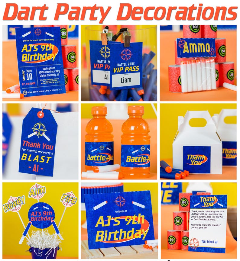May include: A collection of party decorations for a dart party. The decorations include a blue and yellow invitation, a blue and yellow sign that says "Al's 9th Birthday", blue and yellow thank you tags, blue and yellow VIP passes, blue and yellow drink labels, and blue and yellow favor boxes. The decorations are all decorated with a target symbol.
