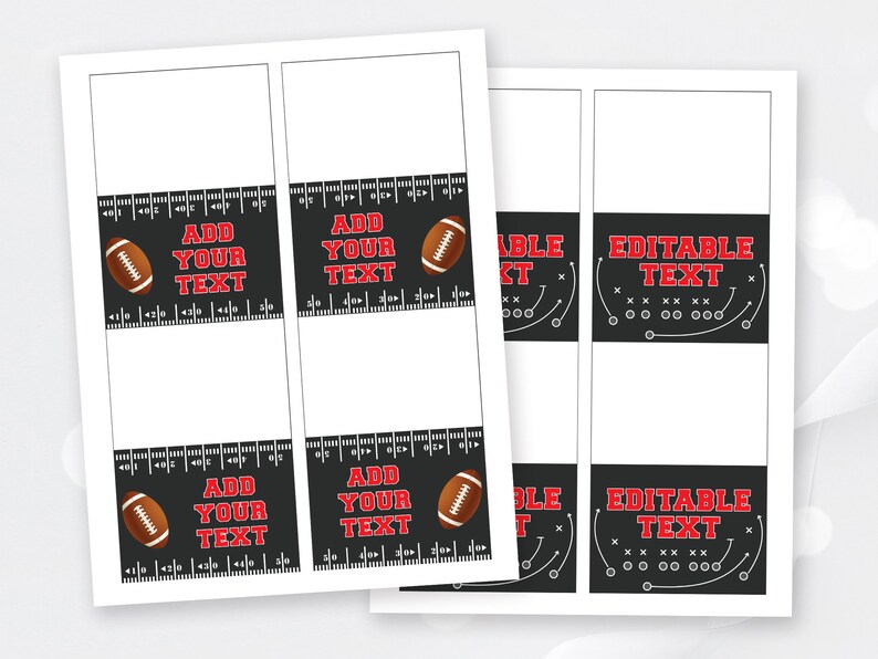 May include: Printable football-themed gift tags with black and white backgrounds. The tags feature a football graphic and the text "Add Your Text" in red. The tags are editable.
