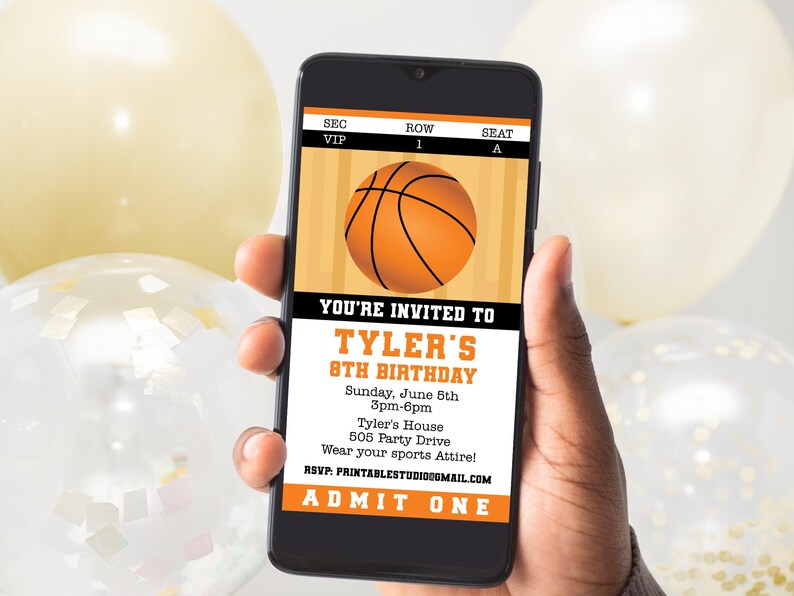 May include: A digital invitation for Tyler's 8th birthday party. The invitation is designed to look like a basketball ticket with a basketball graphic and the text "YOU'RE INVITED TO TYLER'S 8TH BIRTHDAY" in orange and black.