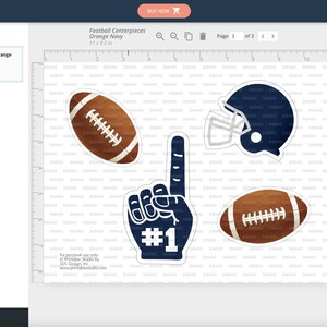 May include: Four printable football-themed party decorations: a football, a football helmet, a foam finger, and another football. The football helmet and foam finger are navy blue, and the footballs are brown with white laces.
