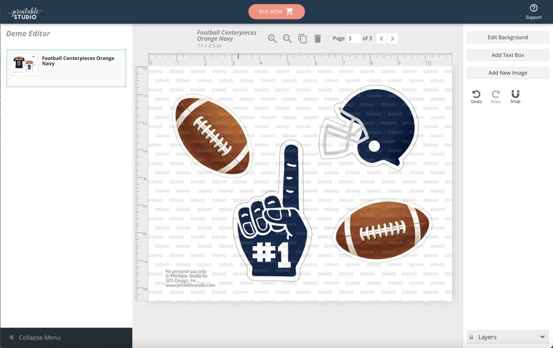 May include: Four printable football-themed party decorations: a football, a football helmet, a foam finger, and another football. The football helmet and foam finger are navy blue, and the footballs are brown with white laces.