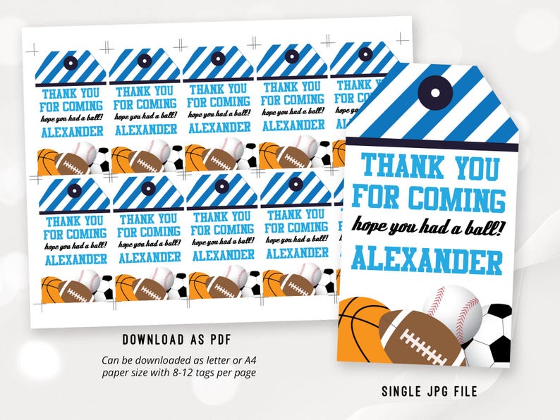 May include: Blue and white striped thank you tags with a basketball, football, baseball, and soccer ball graphic. The text reads "Thank you for coming hope you had a ball! Alexander".