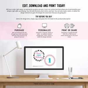 Puede incluir: Decoraciones imprimibles y editables para la primera fiesta de cumplea&ntilde;os con un esquema de color rosa y azul. El dise&ntilde;o presenta un c&iacute;rculo de estampado de vaca en blanco y negro con el texto "Name's First Birthday" y un c&iacute;rculo rosa con un patr&oacute;n de cuadros blancos y rosas y el n&uacute;mero "1".