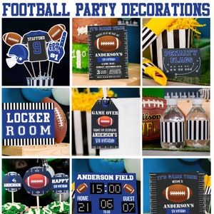 Puede incluir: Decoraciones para una fiesta de f&uacute;tbol con un esquema de colores azul y blanco. Las decoraciones incluyen una camiseta de f&uacute;tbol, un casco de f&uacute;tbol, un bal&oacute;n de f&uacute;tbol, un cartel de fin de juego, un cartel de vestuario, una bandera de penalizaci&oacute;n, un marcador y una botella de agua con un dise&ntilde;o de f&uacute;tbol.