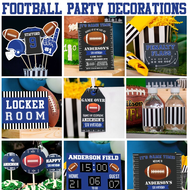Puede incluir: Decoraciones para una fiesta de f&uacute;tbol con un esquema de colores azul y blanco. Las decoraciones incluyen una camiseta de f&uacute;tbol, un casco de f&uacute;tbol, un bal&oacute;n de f&uacute;tbol, un cartel de fin de juego, un cartel de vestuario, una bandera de penalizaci&oacute;n, un marcador y una botella de agua con un dise&ntilde;o de f&uacute;tbol.