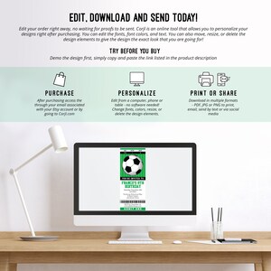 May include: A green and white soccer-themed birthday invitation template displayed on a computer screen. The invitation says "You're Invited to Franco's 8th Birthday".