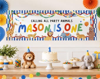 Party Animal Banner with Colorful Steamers Paper Chains,  First Birthday Animal Banner Canva Template 0223 (digital file)