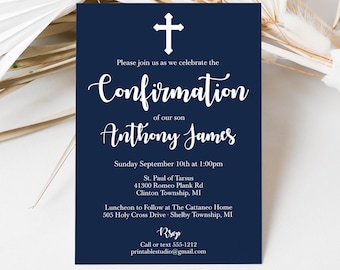 Editable Confirmation Invitation, Confirmation Invitation Boy, Navy Confirmation Invitation Printable, Navy White Confirmation Invite
