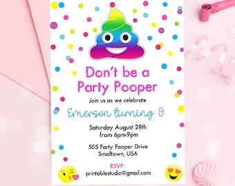 Emoji Party Pooper Invitation, Rainbow Party Pooper Birthday Invitation, Printable Emoji Birthday Invitation