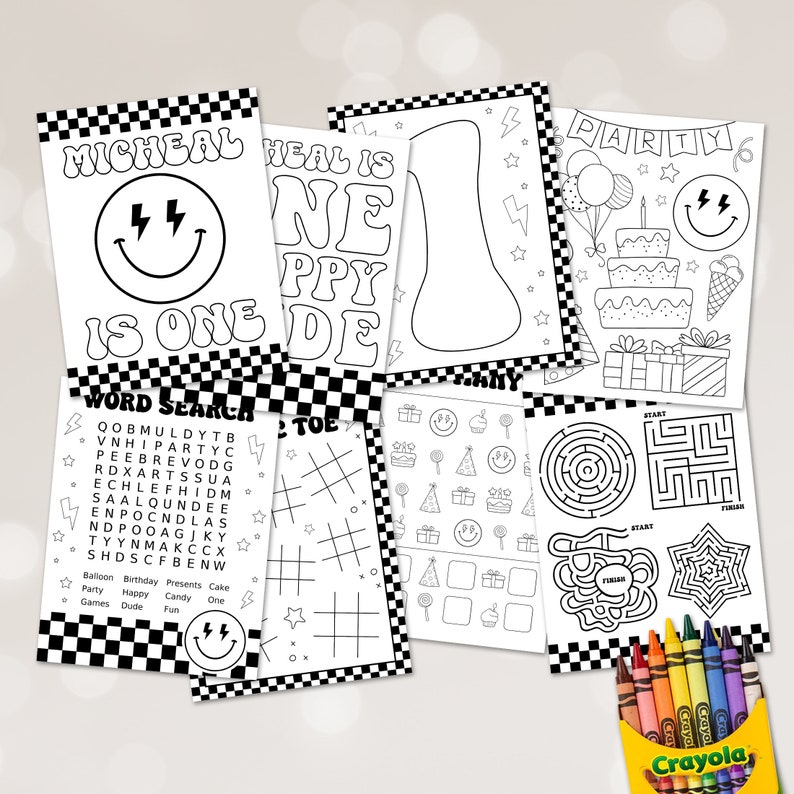 Editable ONE Happy Dude Party Coloring Pages Happy Dude Activity Pages One Happy Dude Birthday Party Activities Printable Party Games image 1