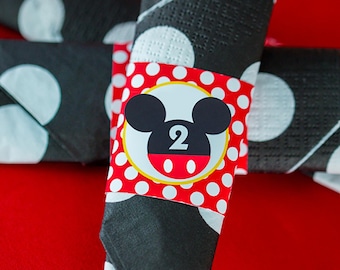 Servetring Mickey Mouse - Afdrukbare Mickey Party-zilverwerkverpakking - Mickey Mouse-servetten - Rode servetten Mickey Mouse van afdrukbare studio