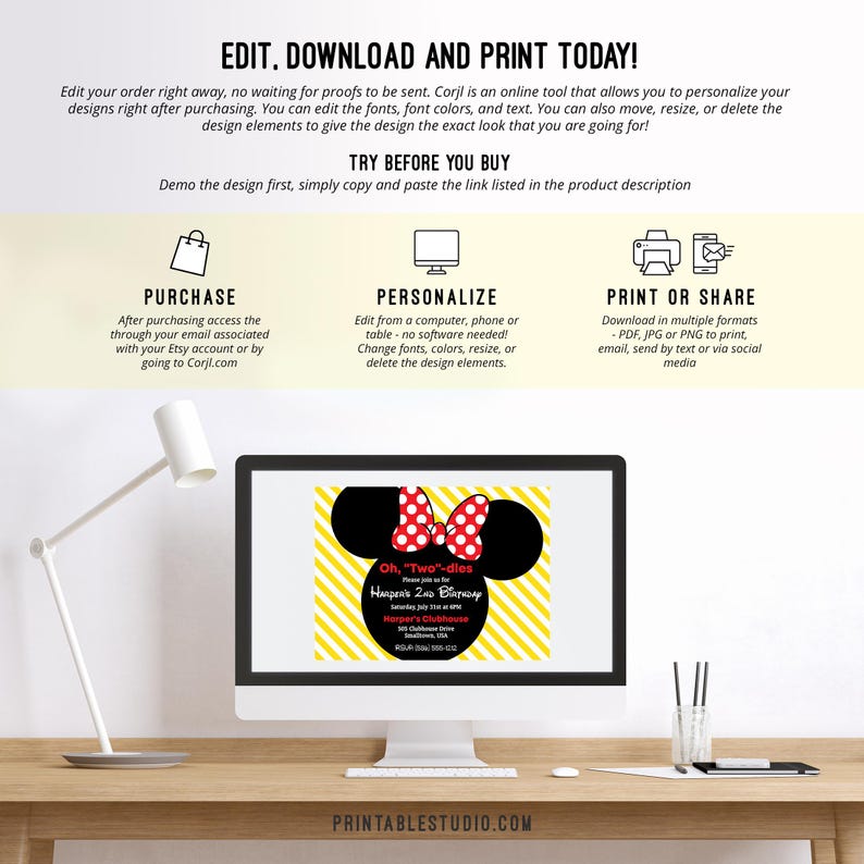 Puede incluir: Una pantalla de ordenador que muestra una invitaci&oacute;n imprimible para una fiesta de cumplea&ntilde;os infantil. La invitaci&oacute;n tiene un fondo a rayas amarillas y rojas con una imagen de dibujos animados de las orejas de Mickey Mouse y un lazo rojo. El texto de la invitaci&oacute;n dice "Oh, "Two"-dies Harper's 2nd Birthday".