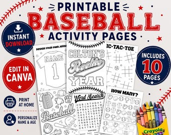 Pagine da colorare di compleanno a tema baseball modificabili, giochi e attività per feste per bambini, modello Canva stampabile e personalizzabile, download immediato 8001