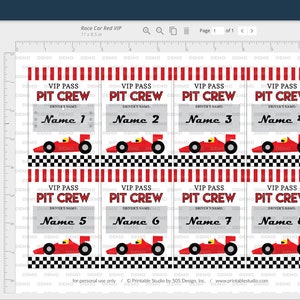 May include: Printable VIP pass cards for a race car themed party. The cards are red, white and black with a cartoon red race car. The text on the cards reads "VIP Pass Pit Crew" and has a space for a name.