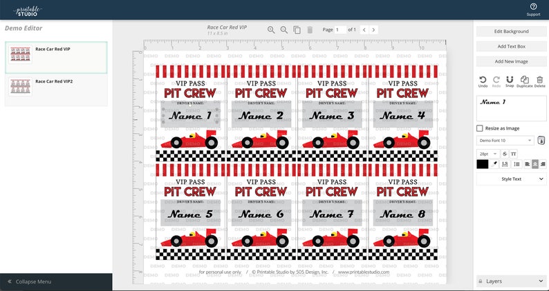 May include: Printable VIP pass cards for a race car themed party. The cards are red, white and black with a cartoon red race car. The text on the cards reads "VIP Pass Pit Crew" and has a space for a name.